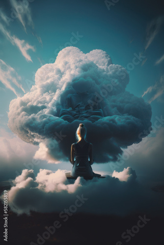 Woman meditating in the clouds .Generative Ai.