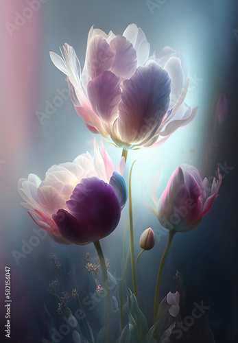 fantasy white and pink flowers in fog close up