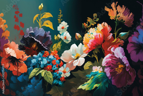 Colorful flowers on a canvas painted with oil paints - Generative Ai photo