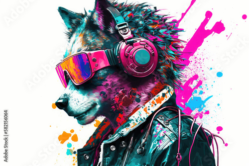 Wolf Smilecore Punk Colorful Chromies. Generative AI photo