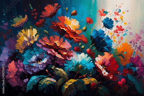 Colorful flowers on a canvas painted with oil paints - Generative Ai photo