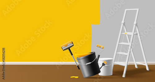 3D Painting a room yellow, buckets of paint, folding ladder and painting tools. The concept of restoration of the house.