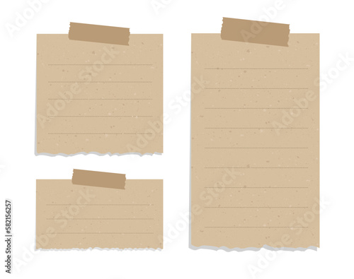 Vintage brown torn paper note set. Recycled memo paper with adhesive tape vector illustration.