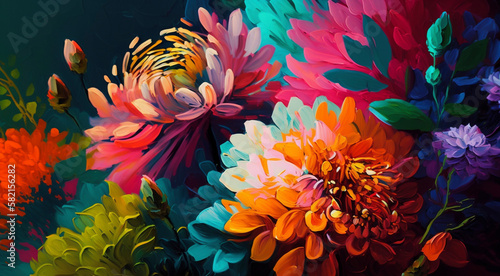 Beautiful canvas of vivid flowers in oil painting - Generative Ai