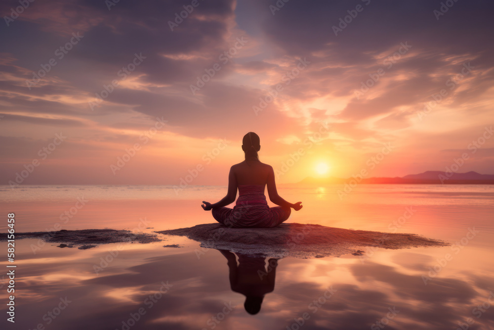 Woman sitting and meditating on a sand bank at sunrise or sunset. Generative Ai.