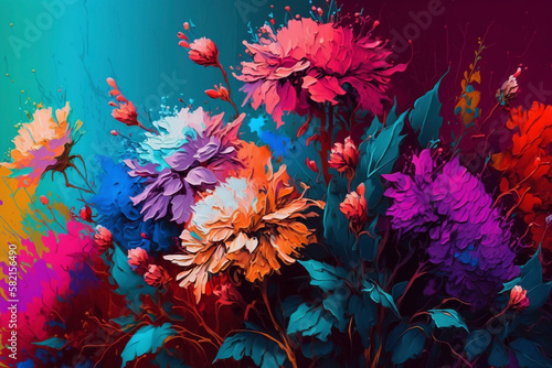 Oil-painted Garden - Colorful flowers - Generative Ai photo