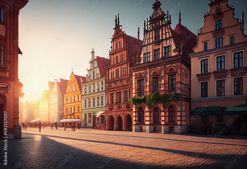 Central market square in Wroclaw Poland with old colourful houses, street lantern lamp and walking tourists people at gorgeous stunning morning sunrise sunshine. Travel vacation concept. Generative AI