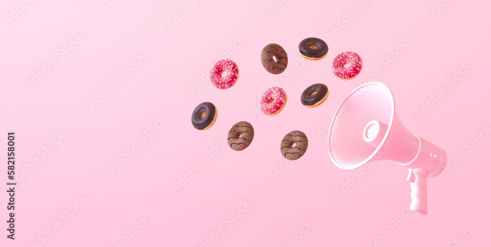 Colorful sweet donuts with pink megaphone on a pastel pink background. Creative minimal sweet food concept. 3d render illustration. Copy space for bakery banner.