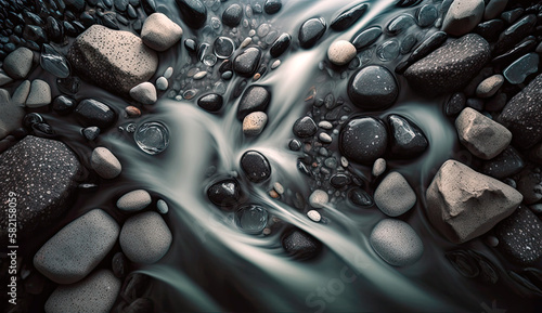 Water flowing around river rocks top view by generative AI