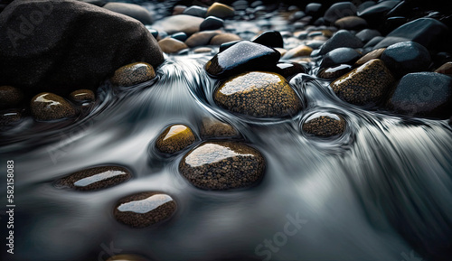 Water flowing over river rocks by generative AI