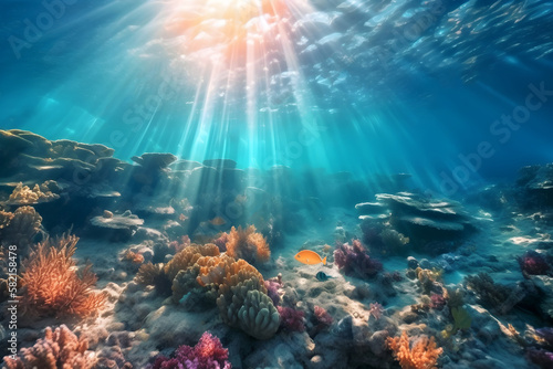 Colorful underwater world with sunbeams - Generative AI