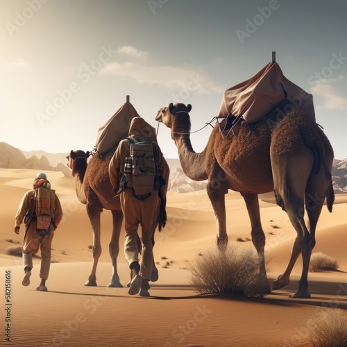 A man and two camels walk through the desert. Generative AI photo