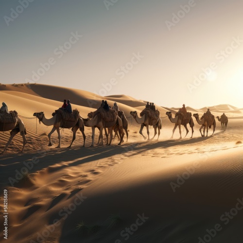 A line of camels walk through the desert. Generative AI