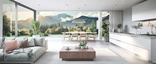 A beautiful and modern living room with huge windows overlooking a mountain landscape, with designer kitchen space with beautiful modern furniture, decor and indoor plants  (Generative AI) © Kazia