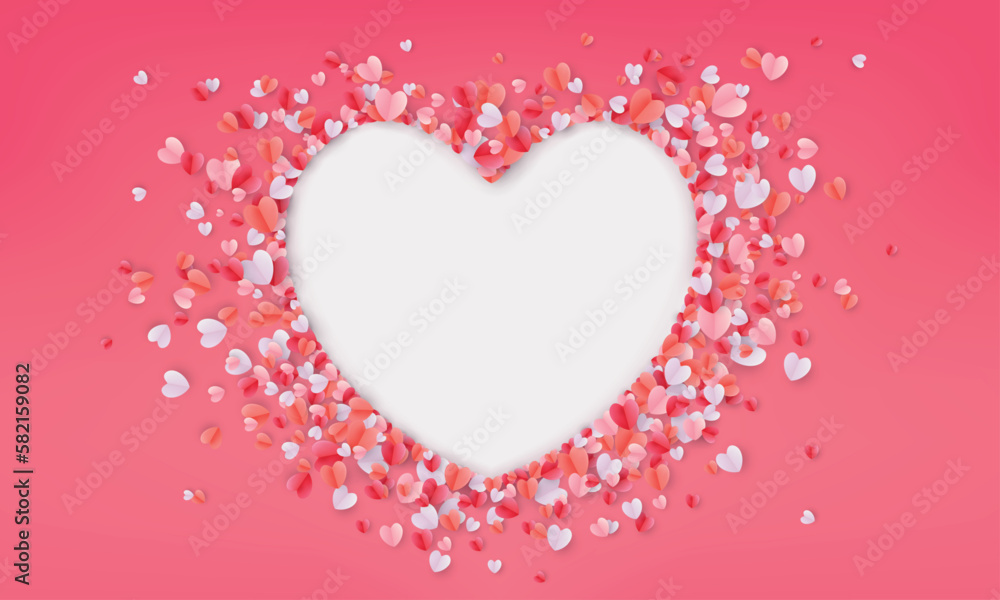 Frame hearts. Love paper origami shapes, pink and white confetti. Valentine day or birthday border, happy wedding decoration. Web banner backdrop. Poster template. Vector exact design background
