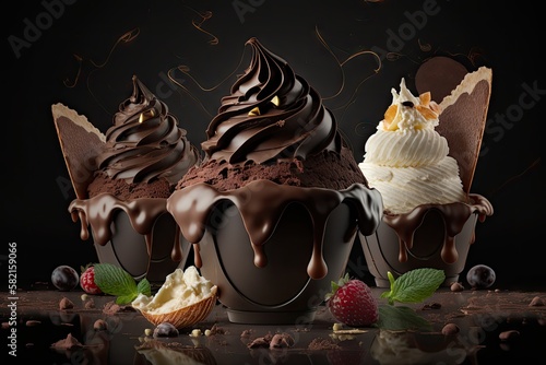 delicious cream with chocolate mousse cakes on dark background, created with generative ai photo