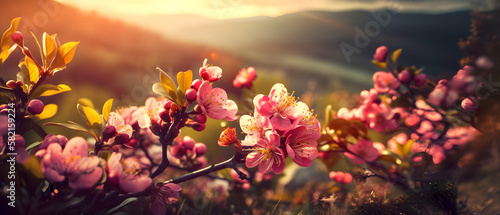 ultra widesceen desktop background of a bunch of spring flowers on a branch © Divergent AI