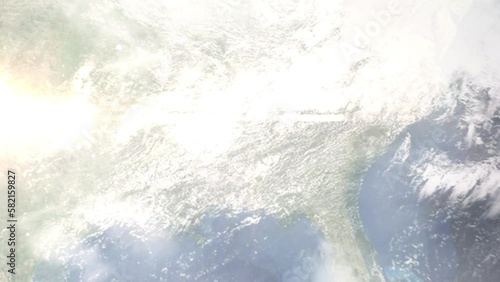 Earth zoom in from outer space to city. Zooming on Vestavia Hills, Alabama, USA. The animation continues by zoom out through clouds and atmosphere into space. Images from NASA photo