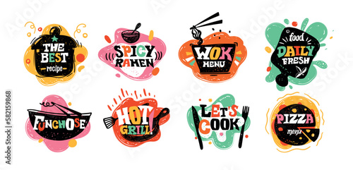 Lunch logo, sweet gastronomy restaurant label. Hot dog in cafe menu, snack food in kitchen, chalk scribble drawing. Noodle and ramen, wok and pizza logotype. Vector graphic exact illustration