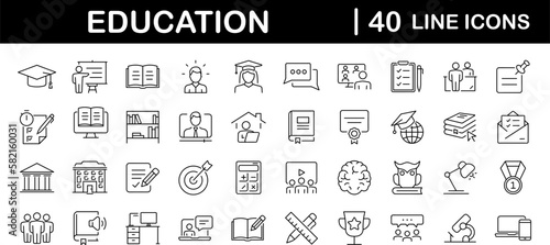 Education set of web icons in line style. Learning icons for web and mobile app. E-learning, video tutorial, knowledge, study, school, university, webinar, online education. Vector illustration