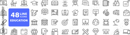 Education set of web icons in line style. Learning icons for web and mobile app. E-learning, video tutorial, knowledge, study, school, university, webinar, online education. Vector illustration