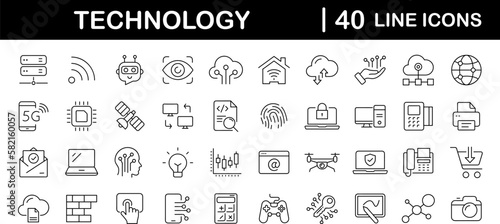 Technology set of web icons in line style. Information technology signs for web and mobile app. IT network system, 5g, communication, computer, chip, web design, software, data center, device, ai.