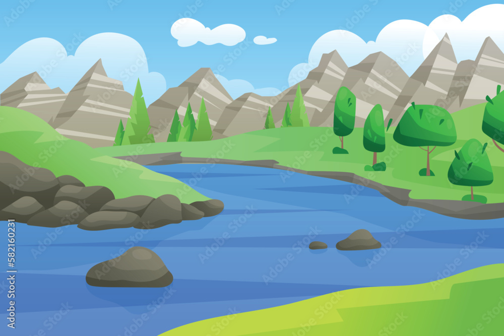 Fototapeta premium Green forest and clean river. Nature landscape. Wild stream flow. Many sky clouds. Lush flowers and trees on fields. Mountain scenery. Natural panorama. Vector garish cartoon background