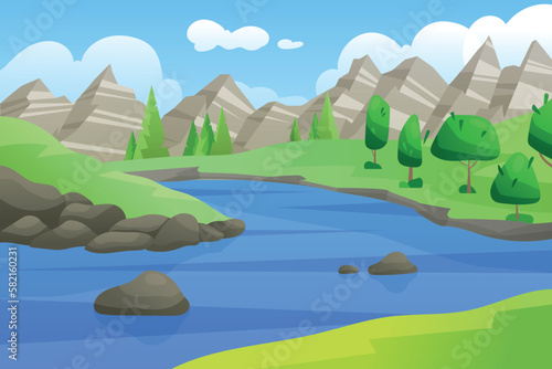 Green forest and clean river. Nature landscape. Wild stream flow. Many sky clouds. Lush flowers and trees on fields. Mountain scenery. Natural panorama. Vector garish cartoon background