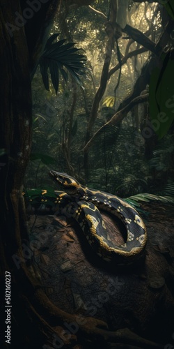 Anaconda in the rain forrest. Gen AI © Sparrowski