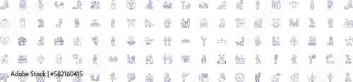 People age line icons signs set. Design collection of Aging, Maturation, Maturity, Senescence, Developing, Growing, Advancing, Evolving outline concept vector illustrations