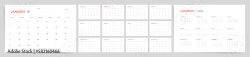 2024 Calendar template design. Week starts on Sunday office calendar. Desktop planner in simple clean style. Corporate or business calendar. English vector calendar layout.	 photo