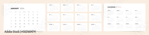 Monthly calendar template for 2024 year. Corporate business calendar in clean and simple modern office style. Week Starts on Sunday. 12 month vector 2024 calendar template.	