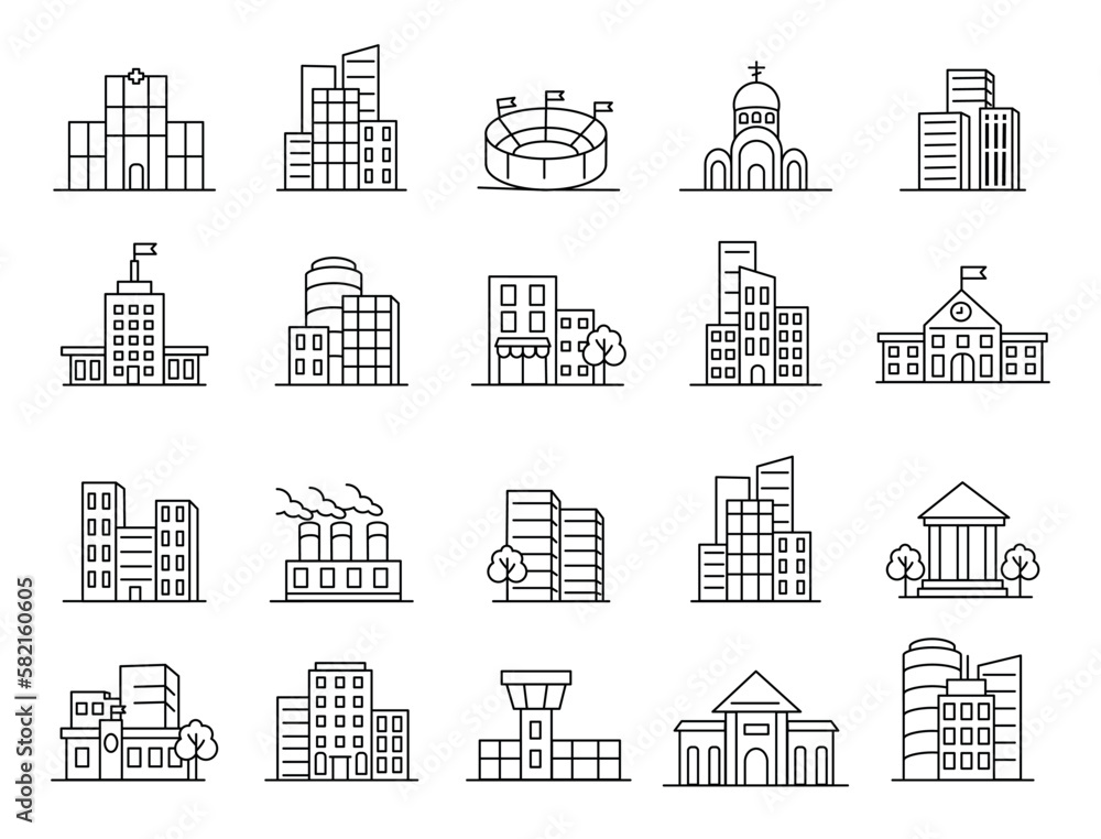 Real estate, city buildings icons. School and bank, home palace, skyscraper, hospital and airport. Outline town landscape silhouettes. Urban street. Vector recent stroke icons Real estate, city buildings icons. School and bank, home palace, skyscraper, hospital and airport. Outline town landscape silhouettes. Urban street. Vector recent stroke icons