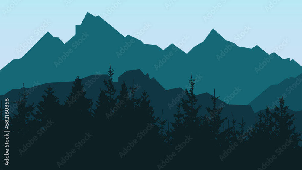 Adventure outdoor camping hiking climbing wildlife background - Green silhouette of mountains peak rock and forest woods fir spruce trees, realistic landscape panorama illustration icon vector.
