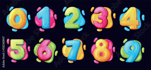 Cartoon numbers font. Fun childhood numeral symbols for baby birthday. Holiday decoration elements. Funny math signs. Arithmetic childish icons set. Vector graphic recent illustration