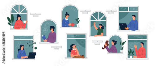 Family stay home. People social distancing. Urban neighbourhood. Apartments windows. Coronavirus lockdown. Safe in quarantine. Relax and freelance work. Vector tidy illustration concept