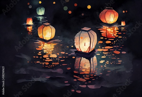 Watercolor Illustration of a Paper Lanterns Float On Dark Water. Traditional Floating Lantern Festival, Memorial Day. Illustration. Generative AI