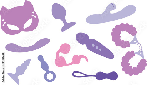 Sex toys vector set. Adult shop accessories. 