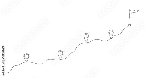 GPS navigation line track mark. One line map point location symbols with flag in end of route. Location pointer continuous line. Pins on way between points. Map pin line on white background. Vector