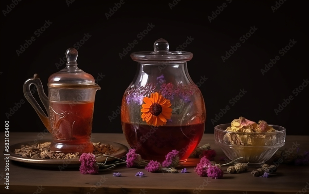 Floral tea in a transparent pot with dry herbs on a dark background. Floral tea in a transparent pot with dry herbs on a dark background.