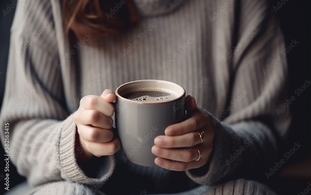 Close-up of hands holding a warm mug of coffee in a cozy sweater. Close-up of hands holding a warm mug of coffee in a cozy sweater.