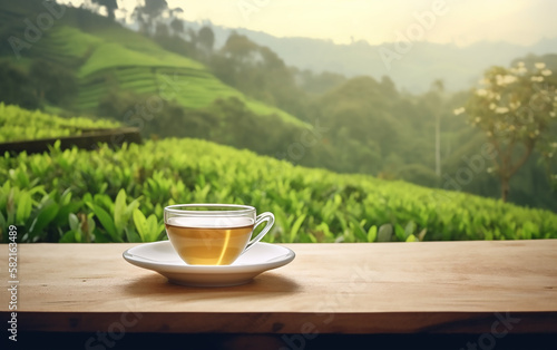 Transparent teacup with golden tea on wooden table overlooking lush green fields.
