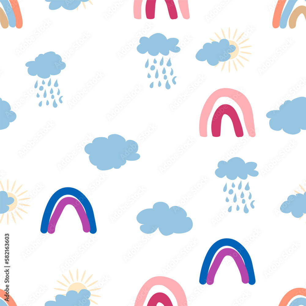 Rainbow, cloud, sun seamless pattern for newborns. Cute and delicate design for the youngest children Rainbow, cloud, sun seamless pattern for newborns. Cute and delicate design for the youngest children