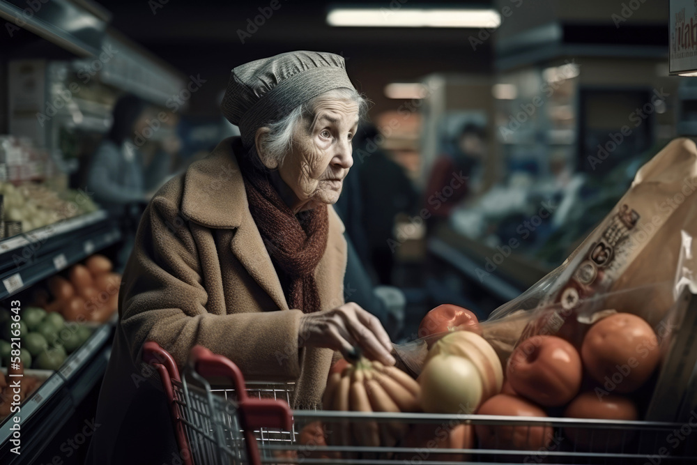 Porträt einer alten Frau beim Einkaufen im Supermarkt - Generative AI