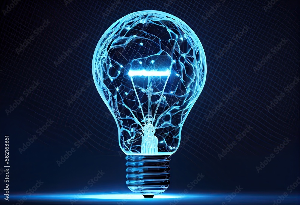 Abstract blue glowing light bulb. Abstract geometric background. Wireframe light connection structure. Modern 3d graphic concept. Generative Ai. Abstract blue glowing light bulb. Abstract geometric background. Wireframe light connection structure. Modern 3d graphic concept. Generative Ai.