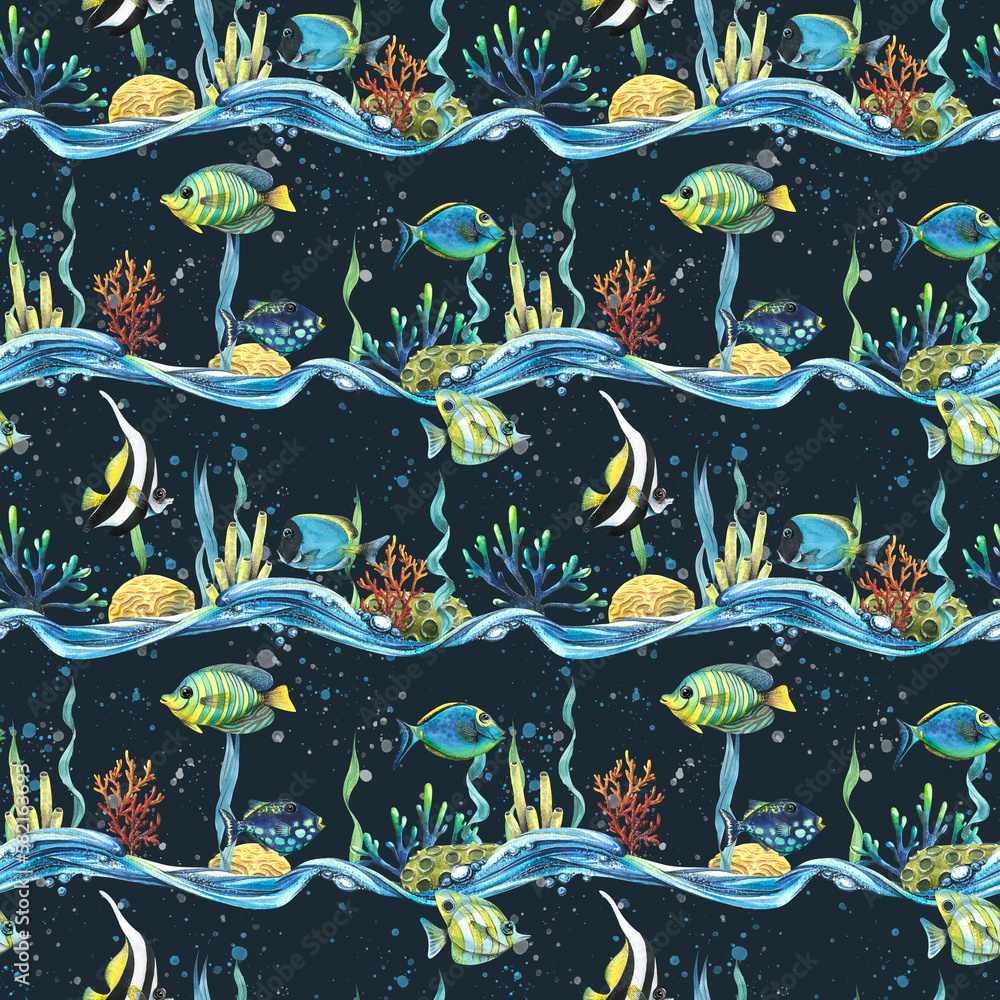 Tropical fish with sea waves, corals, algae and bubbles. Watercolor illustration. Seamless pattern. For fabric, textiles, prints, wallpaper, children's rooms and clothing, beach accessories.