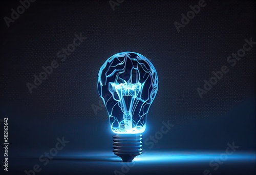 Abstract blue glowing light bulb. Abstract geometric background. Wireframe light connection structure. Modern 3d graphic concept. Generative Ai.