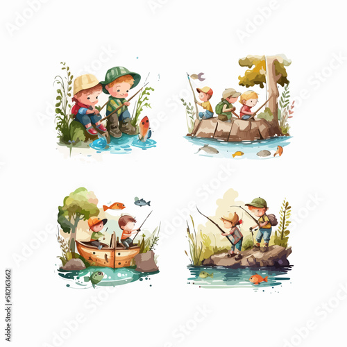 CHILDREN ACTIVITIES FISHING IN RIVER SET CARTOON