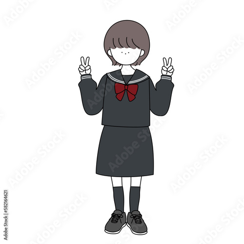 セーラー服のショートカットの女の子ダブルピース白