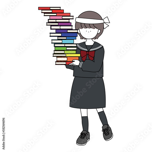 セーラー服のショートカットの女の子ハチマキして勉強に励む白
